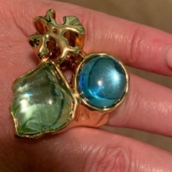 Tory Burch Roxanne clear blue and green stones Ring - Picture 2 of 6